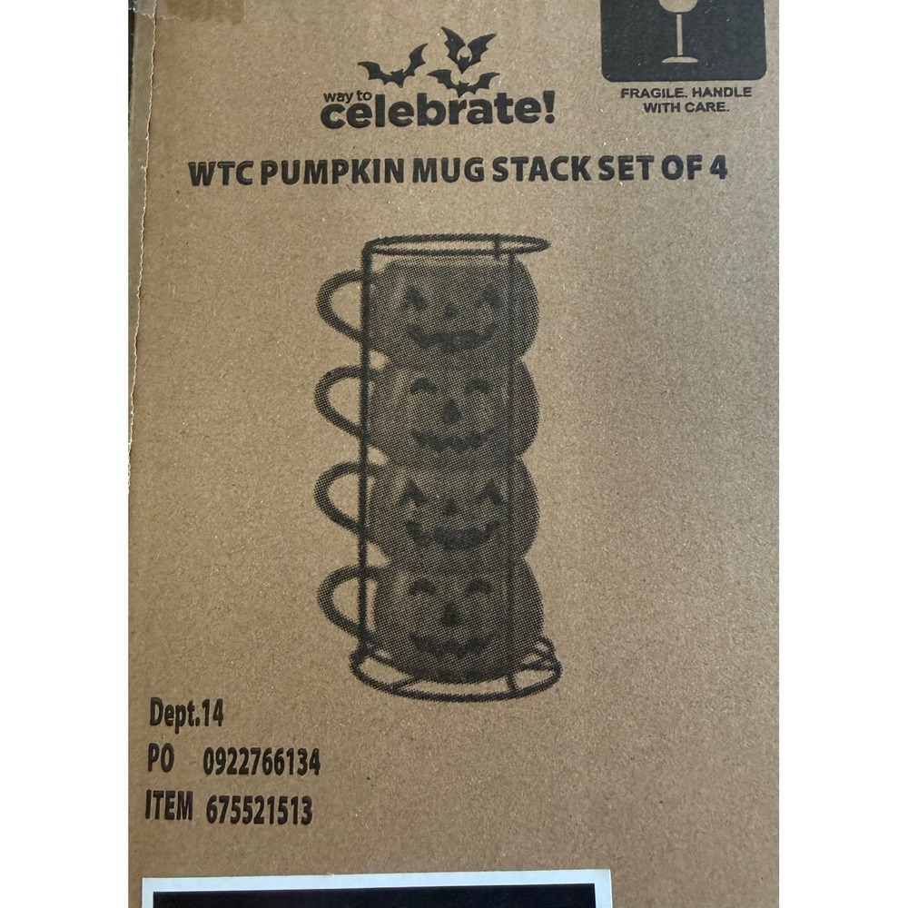 Way to Celebrate Halloween Pumpkin Mug Stack Set of 4 with Rack Orange Stoneware - Picture 3 of 4